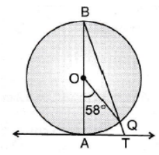 In the given figure, AB is diameter of a circle with centre O and AT is a tangent at angleAOQ=58^@,  find angleATQ.