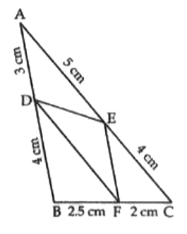 In the given figure, AD = 3 cm, AE = 5 cm, BD = 4 cm, CE = 4 cm, CF = 2 cm, BF = 2.5 cm, then find the pair of parallel lines and hence their lengths.