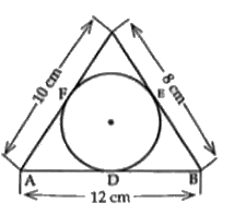 In the given figure, a circle is inscribed in a DeltaABC such that it touches the sides AB, BC, and CA at points D, E, and F respectively. If the lengths of the sides AB, BC, and CA are 12 cm, 8 cm, and 10 cm respectively, find the lengths of AD, BE, and CF.