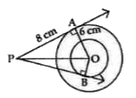 In the given figure, there are two concentric circles of radii 6 cm and 4 cm with centre O. If AP is a tangent to the larger circle and BP to the smaller circle and the length of AP=8cm, find BP