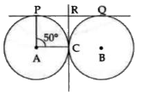 Two circles with centre at A and B touch each other at C. Common tangents PQ and RC are drawn. If |PAC=50^(@), find |PRC and |CBQ.