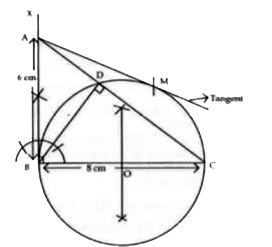 Let ABC be a right-triangle in which AB = 6 cm, BC = 8 cm , and B= 90^@. BD is the perpendicular from B on AC. A circle through B, C, D is drawn. Construct the tangent from A to this circle.