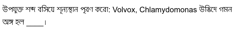 উপযুক্ত শব্দ বসিয়ে শূন্যস্থান পূরণ করো: Volvox, Chlamydomonas উদ্ভিদে গমন অঙ্গ হল ____।