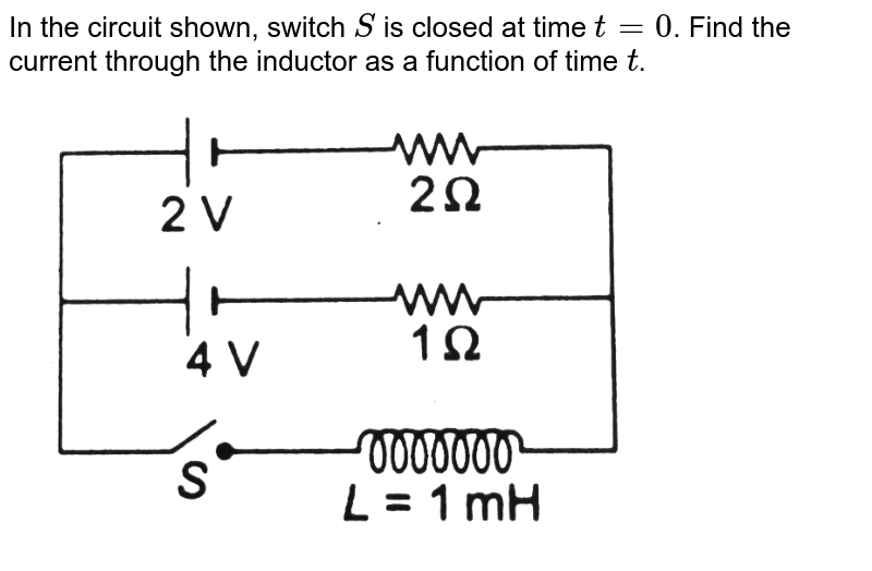 In the circuit shown, switch `S` is closed at time `t = 0`. Find the current through the inductor as a function of time `t`. <br> <img src="https://d10lpgp6xz60nq.cloudfront.net/physics_images/DCP_V04_C27_E01_163_Q01.png" width="80%">