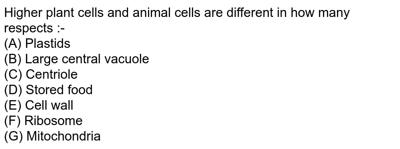 Higher plant cells and animal cells are different in how many respects :- (A) Plastids (B) Large central vacuole (C) Centriole (D) Stored food (E) Cell wall (F) Ribosome (G) Mitochondria