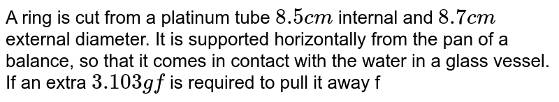 A ring is cut from a platinum tube 8.5 cm internal and 8.7 cm external diameter. It is supported horizontally from the pan of a balance, so that it comes in contact with the water in a glass vessel. If an extra 3.103 gf is required to pull it away from water, the surface tension of water is