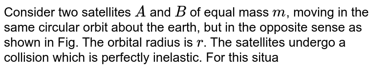 Consider two satellites `A` and `B` of equal mass `m`, moving in the same circular orbit about the earth, but in the opposite sense as shown in Fig. The orbital radius is `r`. The satellites undergo a collision which is perfectly inelastic. For this situation, mark out the correct statement(s). [Take mass of earth as `M`] <br> <img src="https://d10lpgp6xz60nq.cloudfront.net/physics_images/BMS_VOL2_C06_E01_217_Q01.png" width="80%">