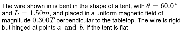 The wire shown in  is bent in the shape of a tent, with `theta = 60.0^(@)` and `L = 1.50 m`, and placed in a uniform magnetic field of magnitude `0.300 T` perpendicular to the tabletop. The wire is rigid but hinged at points `a and b`. If the tent is flattened out on the table in `0.100 s`, what is the average induced emf in the wire during this time? <br> <img src="https://d10lpgp6xz60nq.cloudfront.net/physics_images/BMS_V05_C03_E01_014_Q01.png" width="80%">