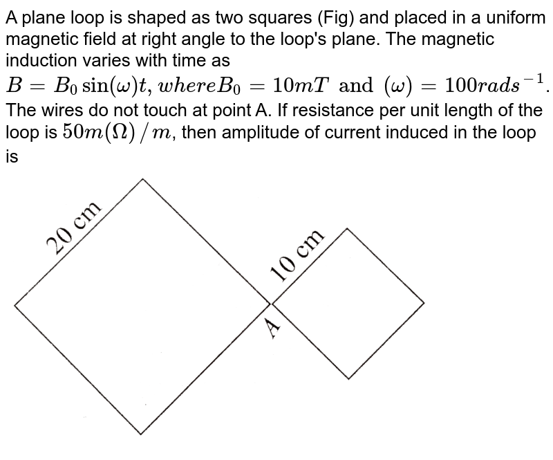 A plane loop is shaped as two squares (Fig) and placed in a uniform magnetic field at right angle to the loop's plane. The magnetic induction varies with time as `B =B_(0) sin (omega)t, where B_(0) = 10 mT and (omega) = 100 rads^(-1)`. The wires do not touch at point A. If resistance per unit length of the loop is `50 m(Omega)// m`, then amplitude of current induced in the loop is <br> <img src="https://d10lpgp6xz60nq.cloudfront.net/physics_images/BMS_V05_MCA_E01_026_Q01.png" width="80%">