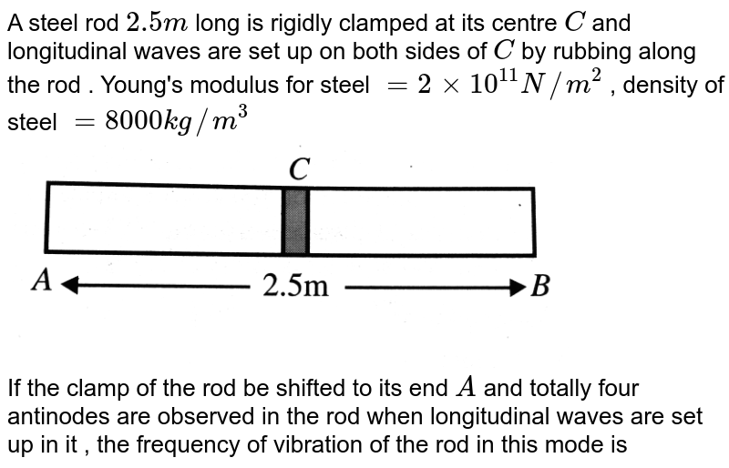 A steel rod 2.5 m long is rigidly clamped at its centre C and