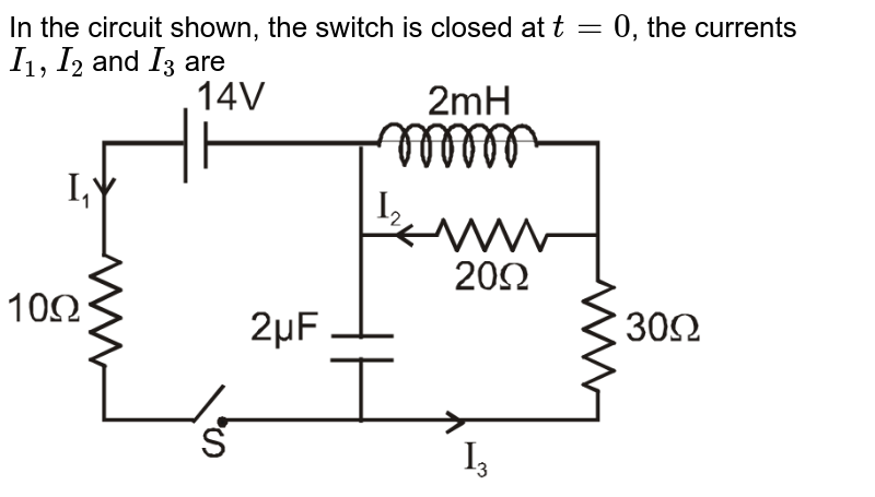 In the circuit shown, the switch is closed at `t=0`, the currents `I_1, I_2 ` and `I_3` are <br> <img src="https://d10lpgp6xz60nq.cloudfront.net/physics_images/RES_DPP_PHY_05_E01_005_Q01.png" width="80%">