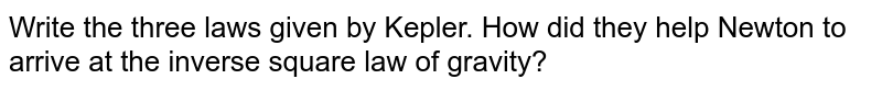 Write the three laws given by Kepler. How did they help Newton to arrive at the inverse square law of gravity?