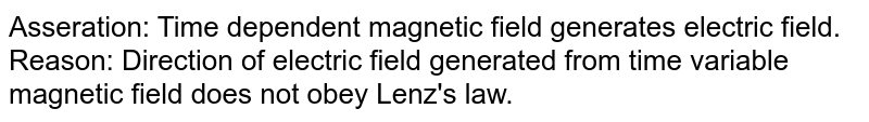 Asseration: Time dependent magnetic field generates electric field. Reason: Direction of electric field generated from time variable magnetic field does not obey Lenz's law.