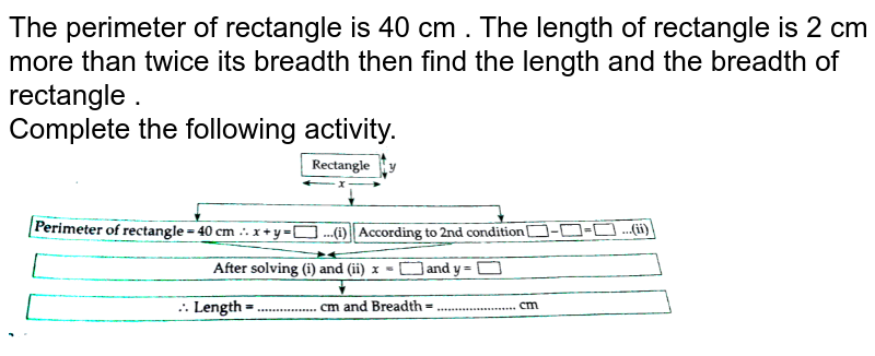 The   perimeter of rectangle is 40 cm . The length of  rectangle is 2 cm more than twice its breadth then find the length and the breadth of rectangle .   <br>  Complete the following activity.   <br>  <img src="https://d10lpgp6xz60nq.cloudfront.net/physics_images/CTN_MK_MAT_X_P1_ALG_C01_E12_012_Q01.png" width="80%">