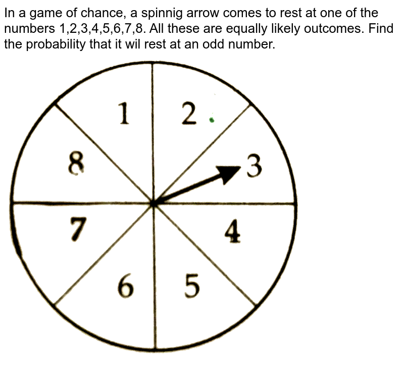 In a game of chance, a spinnig arrow comes to rest at one of the numbers 1,2,3,4,5,6,7,8. All these are equally likely outcomes. Find the probability that it wil rest at an odd number. <br>  <img src="https://d10lpgp6xz60nq.cloudfront.net/physics_images/CTN_MK_X_P1_ALG_C05_E05_013_Q01.png" width="80%"> 