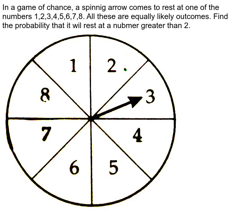 In a game of chance, a spinnig arrow comes to rest at one of the numbers 1,2,3,4,5,6,7,8. All these are equally likely outcomes. Find the probability that it wil rest at a nubmer greater than 2. <br>  <img src="https://d10lpgp6xz60nq.cloudfront.net/physics_images/CTN_MK_X_P1_ALG_C05_E05_014_Q01.png" width="80%"> 