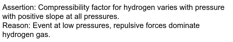 Assertion: Compressibility factor for hydrogen varies with pressure with positive slope at all pressures. <br> Reason: Even at low pressures, repulsive forces dominate hydrogen gas.