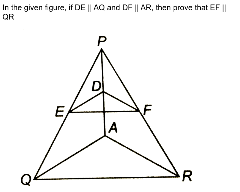 In the given figure, if DE || AQ and DF || AR, then prove that EF || QR