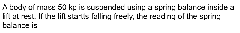 A body of mass 50 kg is suspended using a spring balance inside a lift at rest. If the lift startts falling freely, the reading of the spring balance is