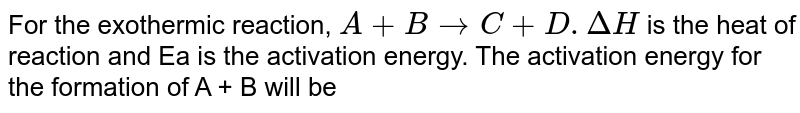 For the exothermic reaction, A + B to C +D. Delta H is the heat of reaction and Ea is the activation energy. The activation energy for the formation of A + B will be