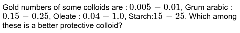 Gold numbers of some colloids are : `0.005-0.01`, Grum arabic : `0.15-0.25`,  Oleate : `0.04-1.0`, Starch:`15-25`. Which among these is a better protective colloid?