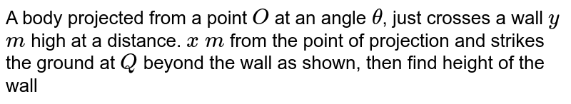 A body projected from a point `O` at an angle `theta`, just crosses a wall `y` `m` high at a distance. `x` `m` from the point of projection and strikes the ground at `Q` beyond the wall as shown, then find height of the wall <br> <img src="https://d10lpgp6xz60nq.cloudfront.net/physics_images/NAR_PHY_XI_V01_C04_S01_031_Q01.png" width="80%">