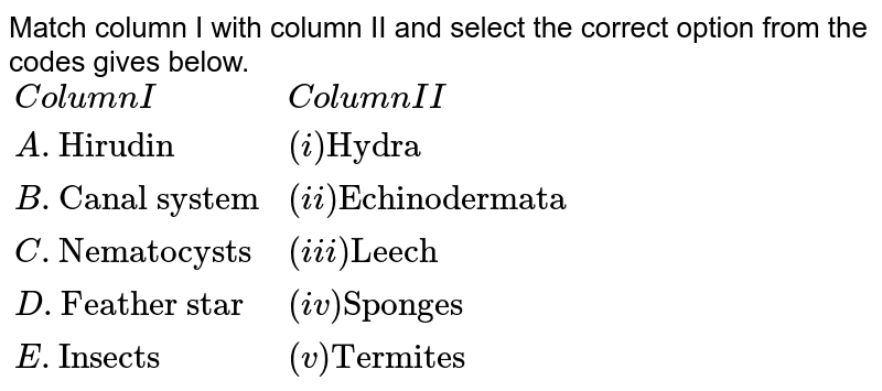Match column I with column II and select the correct option from the codes gives below. <br> `{:(Column I,Column II),(A."Hirudin",(i)"Hydra"),(B."Canal system",(ii)"Echinodermata"),(C."Nematocysts",(iii)"Leech"),(D."Feather star",(iv)"Sponges"),(E."Insects",(v)"Termites"):}`