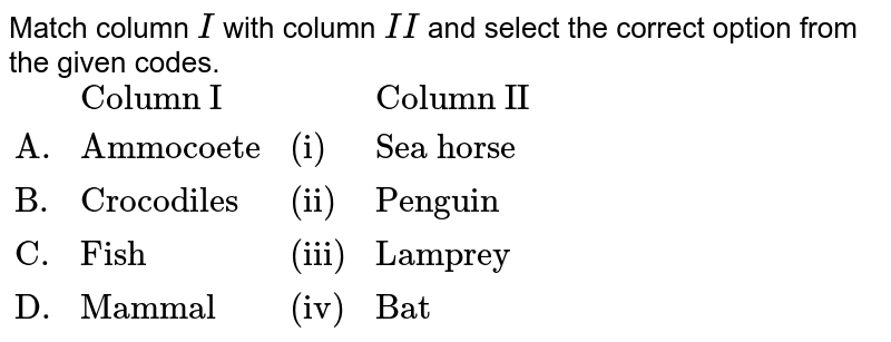 Match column `I` with column `II` and select the correct option from the given codes. <br> `{:(,"Column I",,"Column II"),("A.","Ammocoete","(i)","Sea horse"),("B.","Crocodiles","(ii)","Penguin"),("C.","Fish","(iii)","Lamprey"),("D.","Mammal","(iv)","Bat"):}`