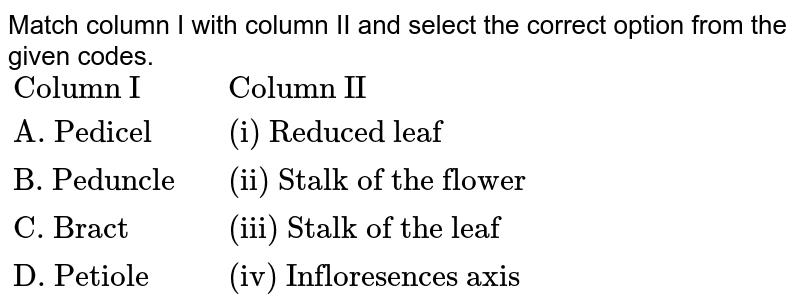 Match column I with column II and select the correct option from the given codes. <br> `{:("Column I",,"Column II"),("A. Pedicel",,"(i) Reduced leaf"),("B. Peduncle",,"(ii) Stalk of the flower"),("C. Bract",,"(iii) Stalk of the leaf"),("D. Petiole",,"(iv) Inflorescences axis"):}`