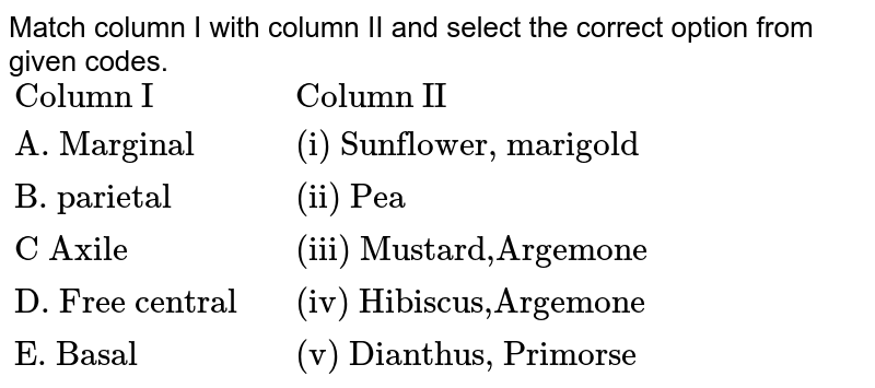 Match column I with column II and select the correct option from given codes. {:("Column I" ,,"Column II"),("A. Marginal",,"(i) Sunflower, marigold"),("B. parietal",,"(ii) Pea"),("C Axile",,"(iii) Mustard,Argemone"),("D. Free central",,"(iv) Hibiscus,Argemone"),("E. Basal",,"(v) Dianthus, Primorse"):}