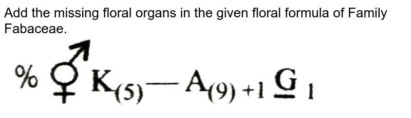 Add the missing floral organs in the given floral formula of Family Fabaceae.