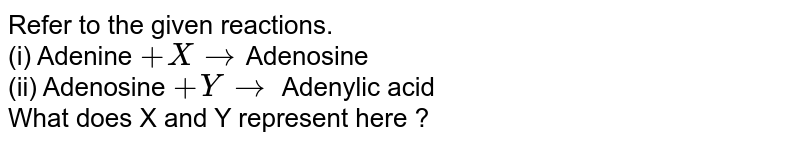 Refer to the given reactions. (i) Adenine +X to Adenosine (ii) Adenosine +Y to Adenylic acid What does X and Y represent here ?