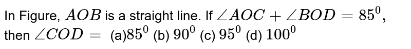In Figure, `A O B`
is a straight line. If `/_A O C+/_B O D=85^0,`
then `/_C O D=`

(a)`85^0`
 (b) `90^0`
 (c) `95^0`
 (d) `100^0`