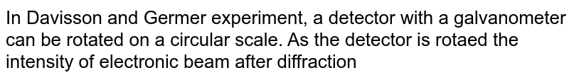 In Davisson and Germer experiment, a detector with a galvanometer can be rotated on a circular scale. As the detector is rotaed the intensity of electronic beam after diffraction