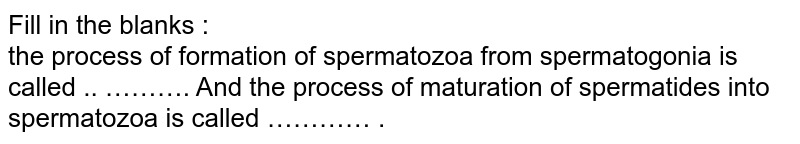 Fill in the blanks :<br> the process of formation  of spermatozoa  from  spermatogonia  is  called  .. ………. And the  process  of  maturation  of spermatides into  spermatozoa is called ………… .