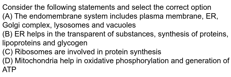Consider The Following Statements And Select The Correct Option (A) The  Endomembrane System Includes Plasma Membrane, Er, Golgi Complex, Lysosomes  And Vacuoles (B) Er Helps In The Transparent Of Substances, Synthesis Of Consider The Following Statements And Select The Correct Option (A) The  Endomembrane System Includes Plasma Membrane, Er, Golgi Complex, Lysosomes  And Vacuoles (B) Er Helps In The Transparent Of Substances, Synthesis Of