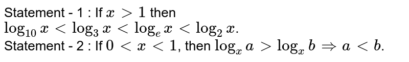 Statement - 1 : If `x gt 1` then `log_(10)x lt log_(3)x lt log_(e )x lt log_(2)x`. <br> Statement - 2 : If `0 lt x lt 1`, then `log_(x)a gt log_(x)b  implies a lt b`. 