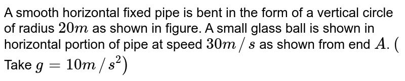 A smooth horizontal fixed pipe is bent in the form of a vertical circle of radius `20m` as shown in figure. A small glass ball is shown in horizontal portion of pipe at  speed `30m//s` as shown from end `A`. `(` Take `g=10m//s^(2))` <br> <img src="https://d10lpgp6xz60nq.cloudfront.net/physics_images/RES_PHY_DPP_69_XI_E01_559_Q01.png" width="80%">  <br> Which of the following statement is `//` are correct `:`  <br> `(i)` ball will not come out from eend `B`. <br> `(ii)` ball will come out from end `B`. <br> `(iii)` At point `D` speed of ball will be just more than zero.  <br> `(iv)` `(iv)` At point `E` and `C` the ball will have same speed.