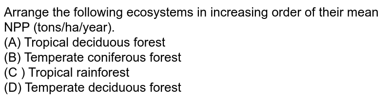 Arrange the following ecosystems in increasing order of their mean NPP (tons/ha/year). (A) Tropical deciduous forest (B) Temperate coniferous forest (C ) Tropical rainforest (D) Temperate deciduous forest