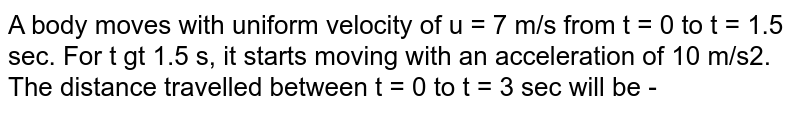 A body moves with uniform velocity of u = 7 m/s from t = 0 to t = 1.5 sec. For t gt 1.5 s, it starts moving with an acceleration of 10 m/s2. The distance travelled between t = 0 to t = 3 sec will be -