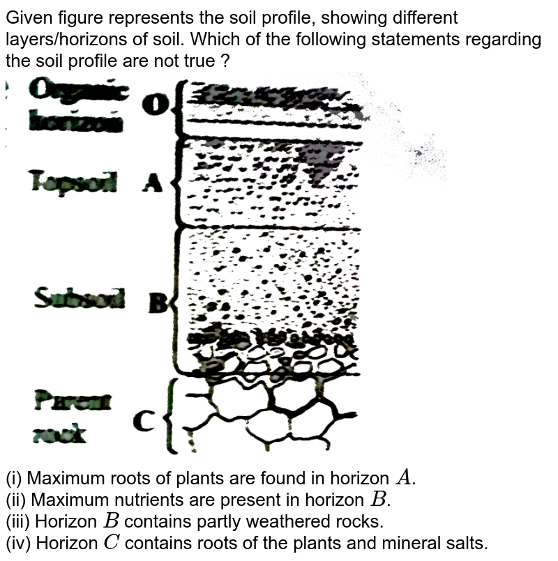 Given figure represents the soil profile, showing different layers/horizons of soil. Which of the following statements regarding the soil profile are not true ? (i) Maximum roots of plants are found in horizon A . (ii) Maximum nutrients are present in horizon B . (iii) Horizon B contains partly weathered rocks. (iv) Horizon C contains roots of the plants and mineral salts.