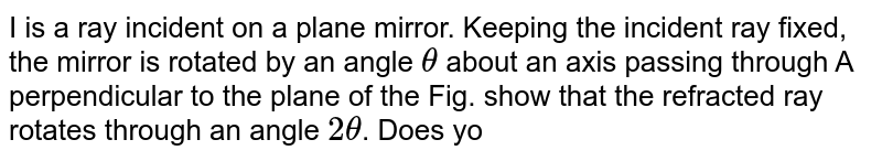 I is a ray incident on a plane mirror. Keeping the incident ray fixed, the mirror is rotated by an angle theta about an axis passing through A perpendicular to the plane of the Fig. show that the refracted ray rotates through an angle 2theta . Does your answer differ if the mirror is rotated about an axis passing through B?