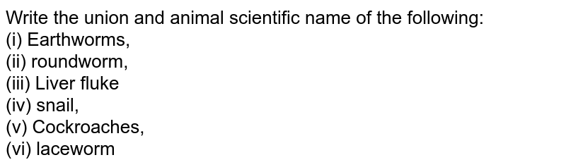 Write the union and animal scientific name of the following: (i) Earthworms, (ii) roundworm, (iii) Liver fluke (iv) snail, (v) Cockroaches, (vi) laceworm