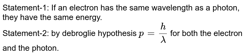 Statement-1: If an electron has the same wavelength as a photon, they have the same energy. <br> Statement-2: by debroglie hypothesis `p=h/lambda` for both the electron and the photon.