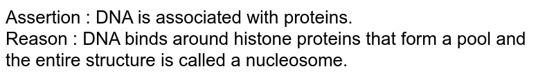 Assertion : DNA is associated with proteins. Reason : DNA binds around histone proteins that form a pool and the entire structure is called a nucleosome.