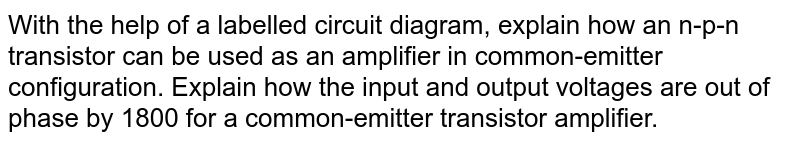 With the help of a labelled circuit diagram, explain how an n-p-n transistor can be used as an amplifier in common-emitter configuration. Explain how the input and output voltages are out of phase by 1800 for a common-emitter transistor amplifier.