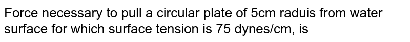 Force necessary to pull a circular plate of 5cm raduis from water surface for which surface tension is 75 dynes/cm, is