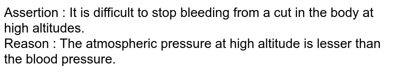 Assertion  :  It is difficult to stop bleeding from a cut in the body at high altitudes. <br> Reason  : The atmospheric pressure at high altitude is lesser than the blood pressure. 