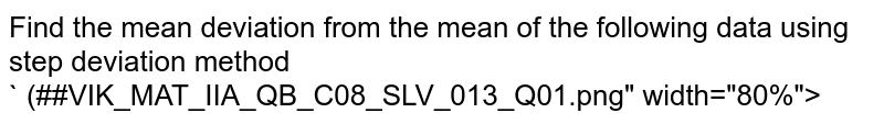 Find the mean deviation from the mean of the following data using step deviation method <br> ` (##VIK_MAT_IIA_QB_C08_SLV_013_Q01.png" width="80%">