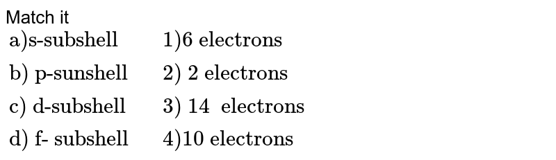 Match it {:("a)s-subshell","1)6 electrons "),("b) p-sunshell ","2) 2 electrons"),("c) d-subshell ","3) 14 electrons "),("d) f- subshell ","4)10 electrons"):}